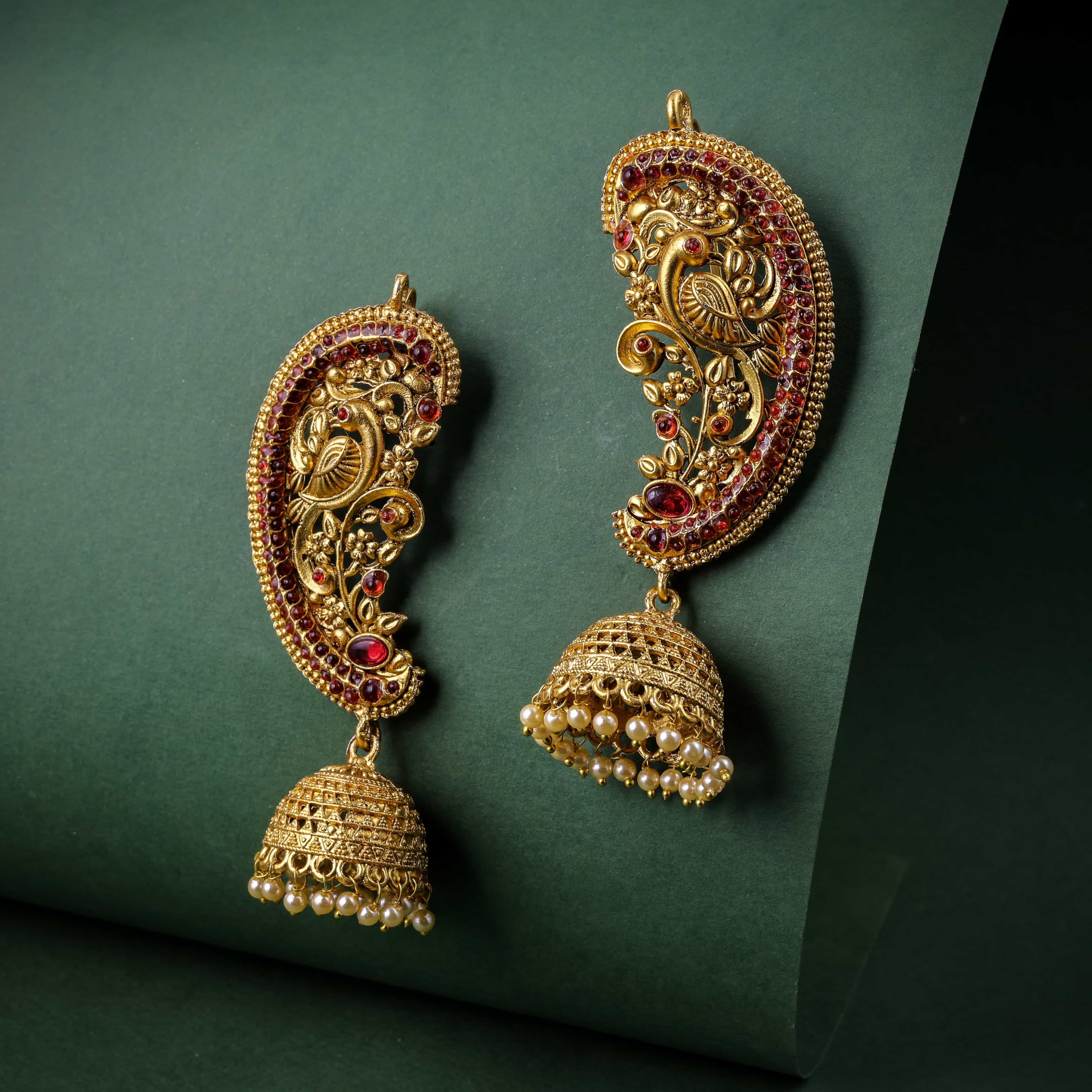 Traditional  Peacock Earcuff Earrings  with Red Motifs