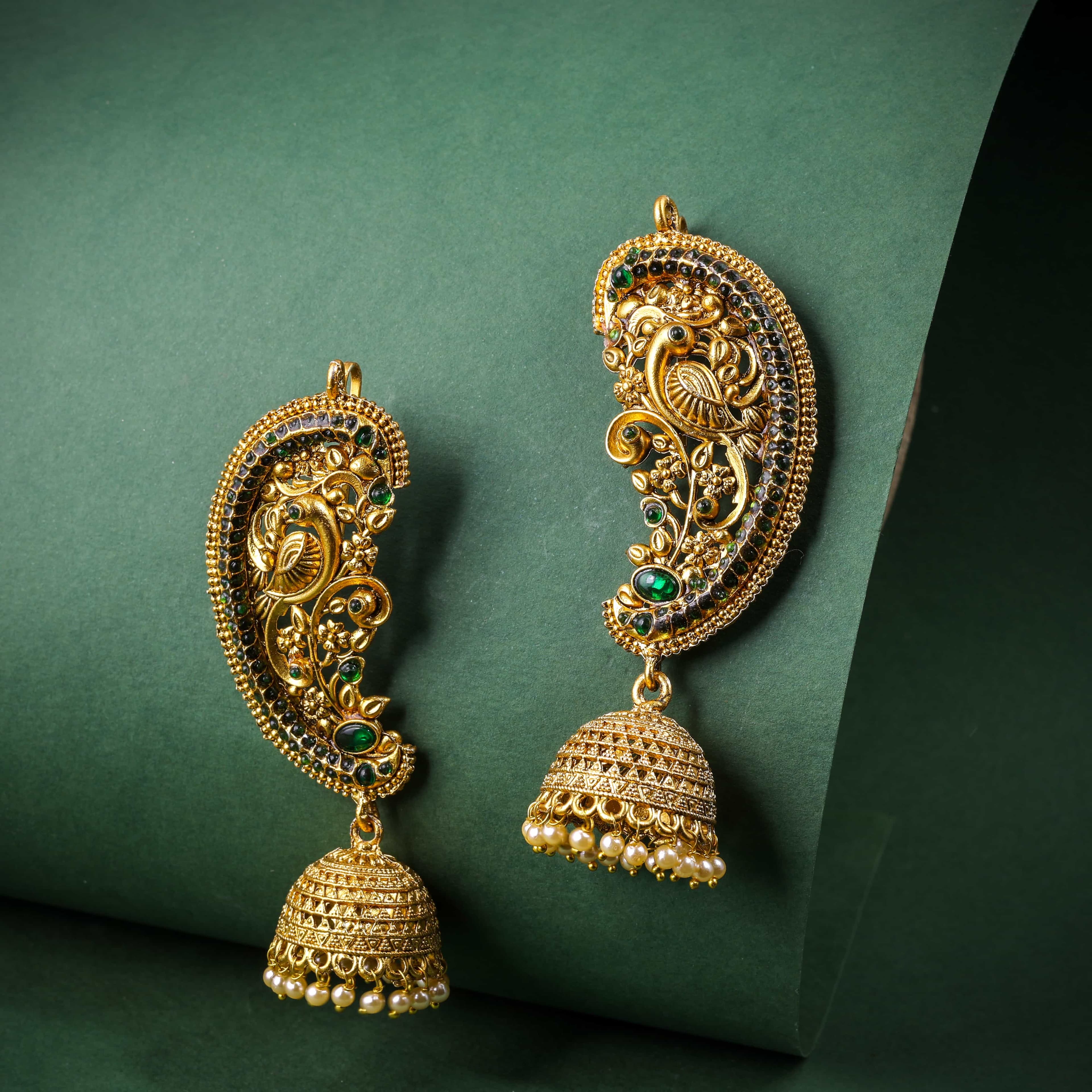 Traditional  Peacock Earcuff Earrings  with Green Motifs
