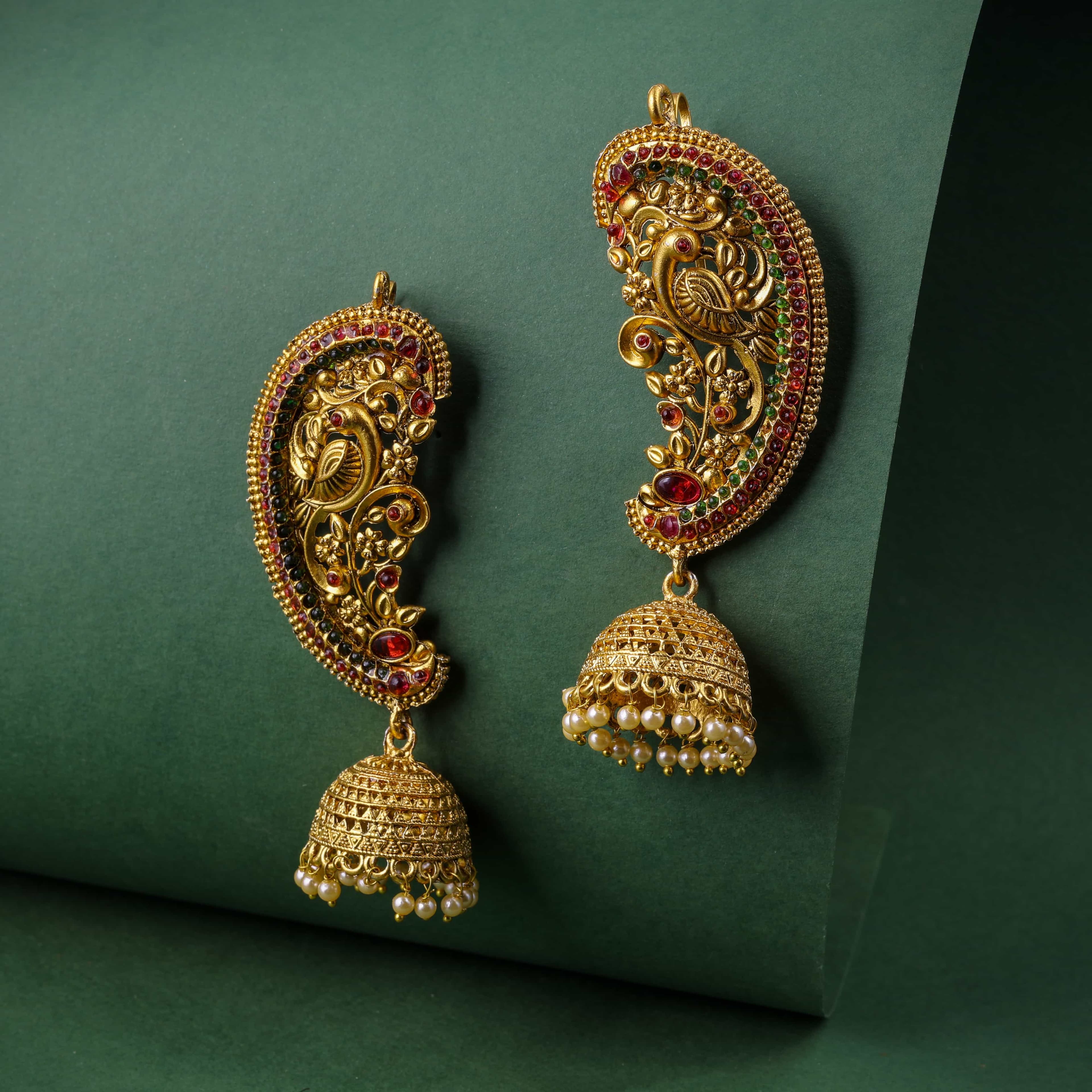 Traditional  Peacock Earcuff Earrings  with Green and Red Motifs