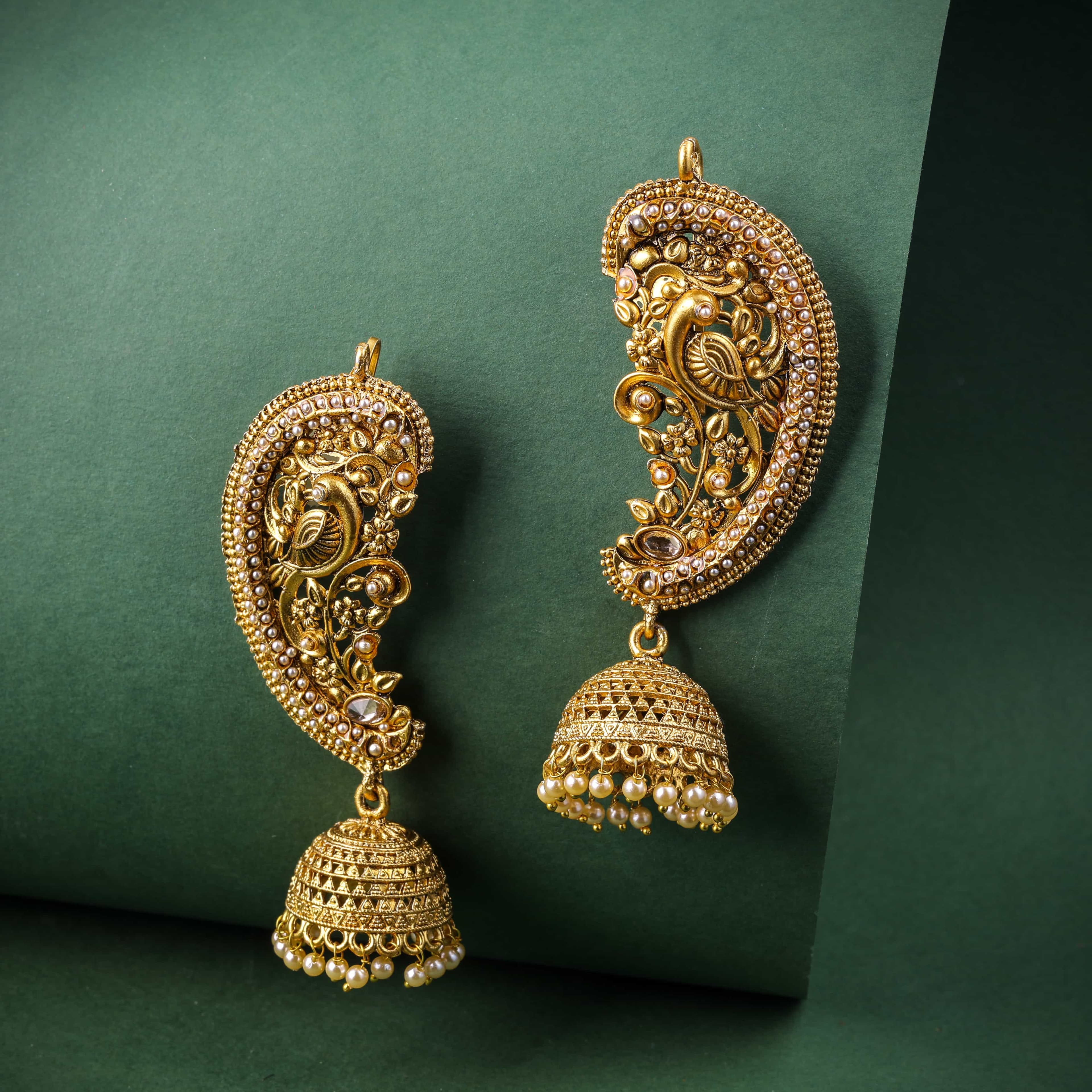 Traditional  Peacock Earcuff Earrings  with White Motifs