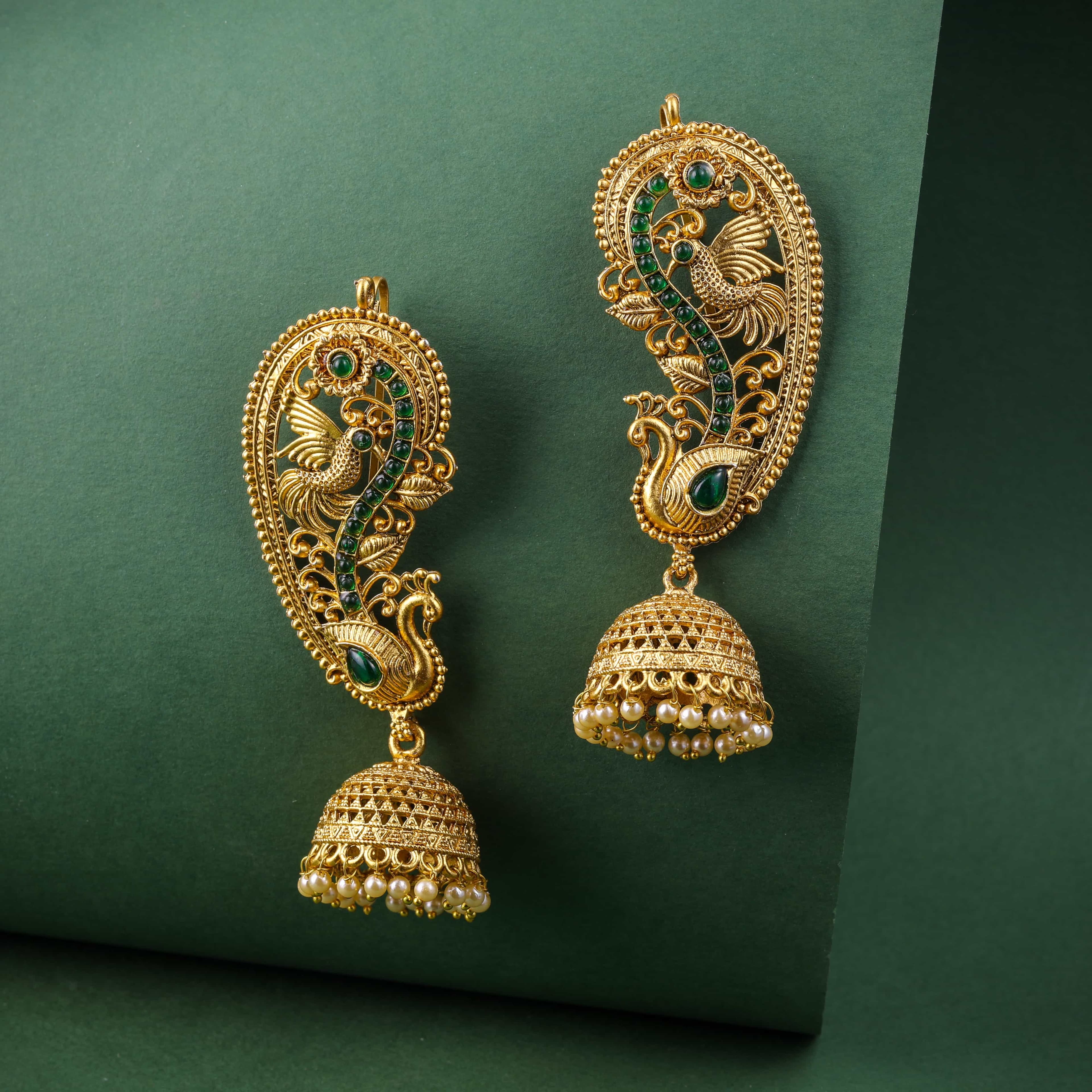 Green Peacock Viraasat Gold Jhumka and earcuffs Earrings