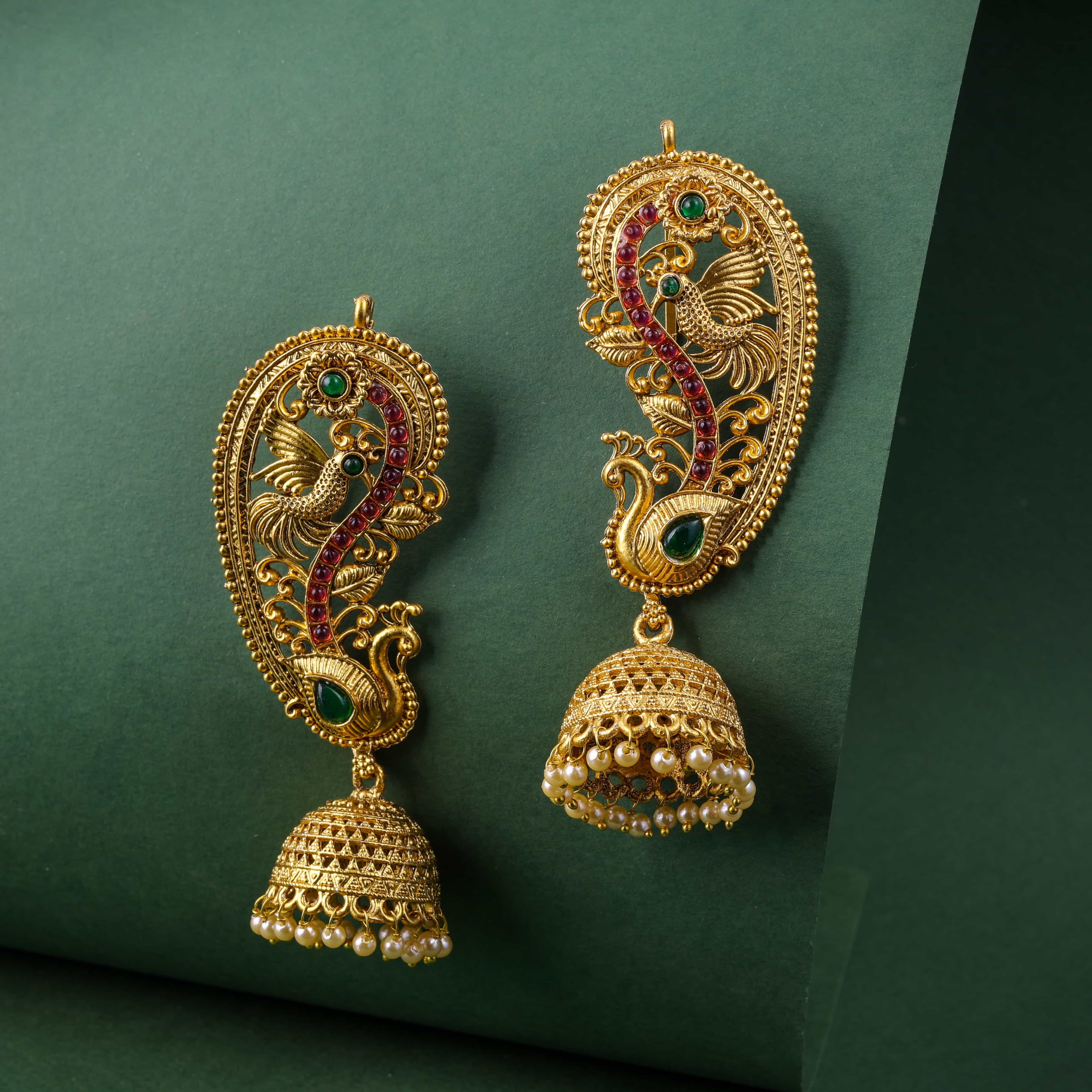 Peacock Viraasat Gold Jhumka and earcuffs Earrings with Red and green Stones