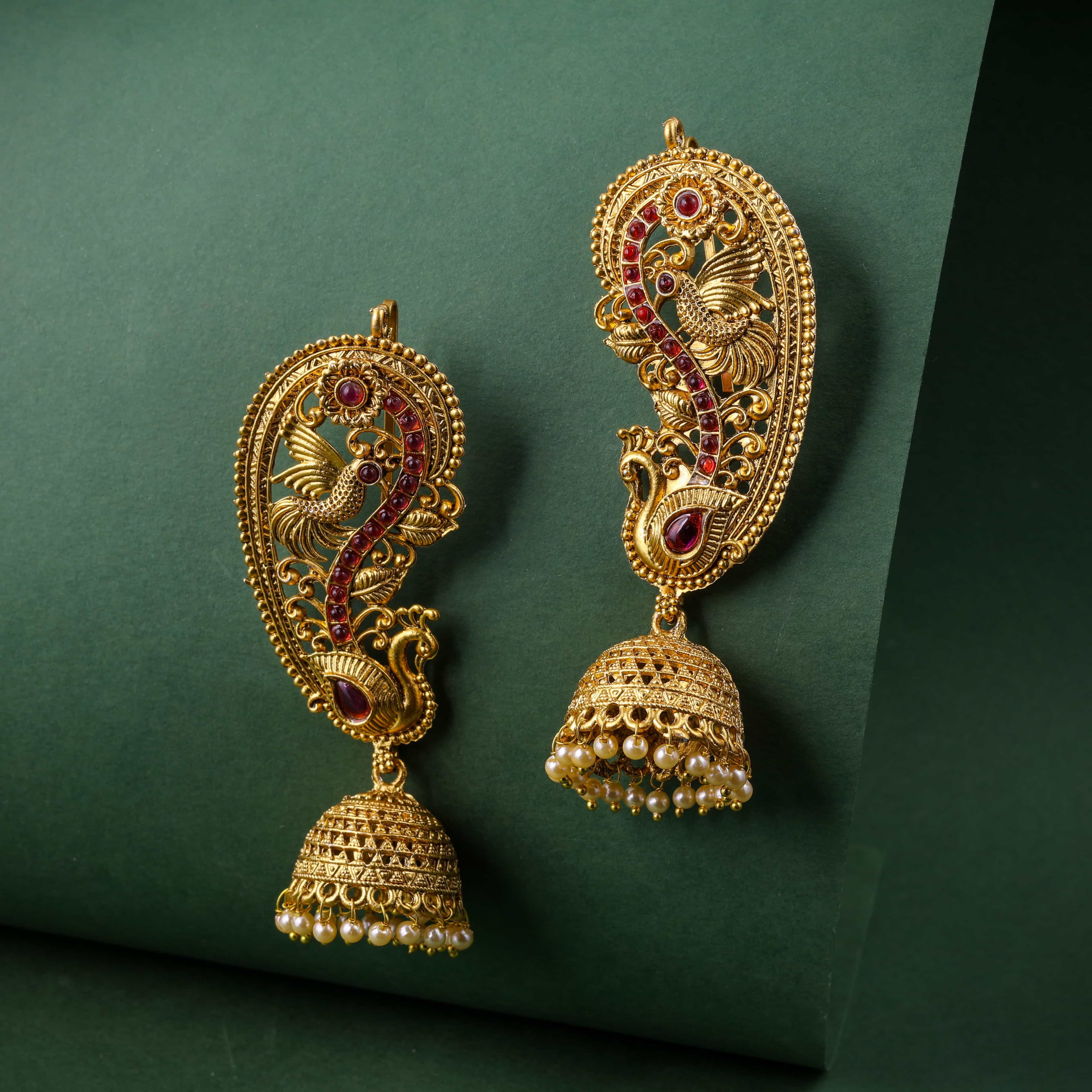 Peacock Viraasat Gold Jhumka and earcuffs Earrings with Red Stones