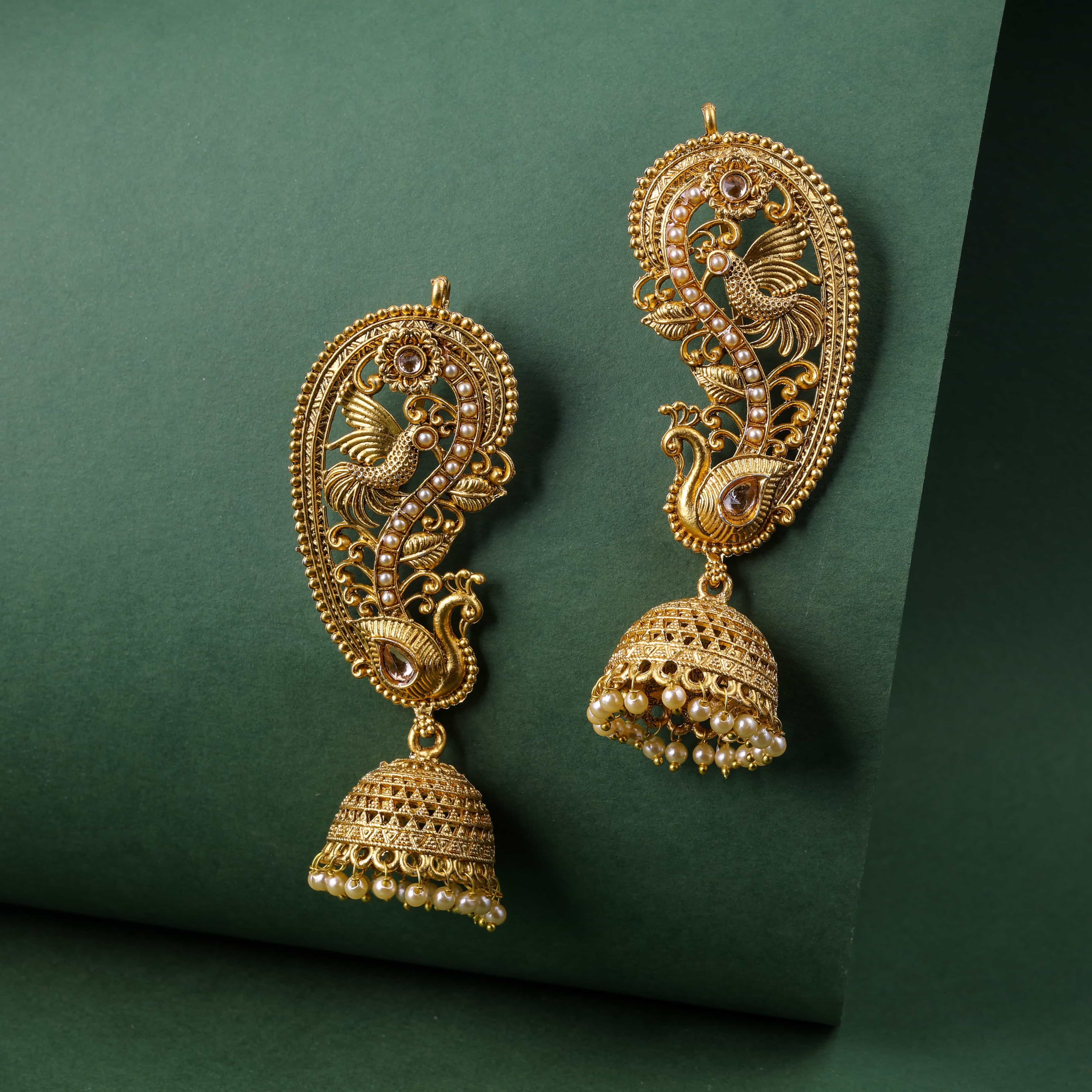 Peacock Viraasat Gold Jhumka and earcuffs Earrings with White Stones