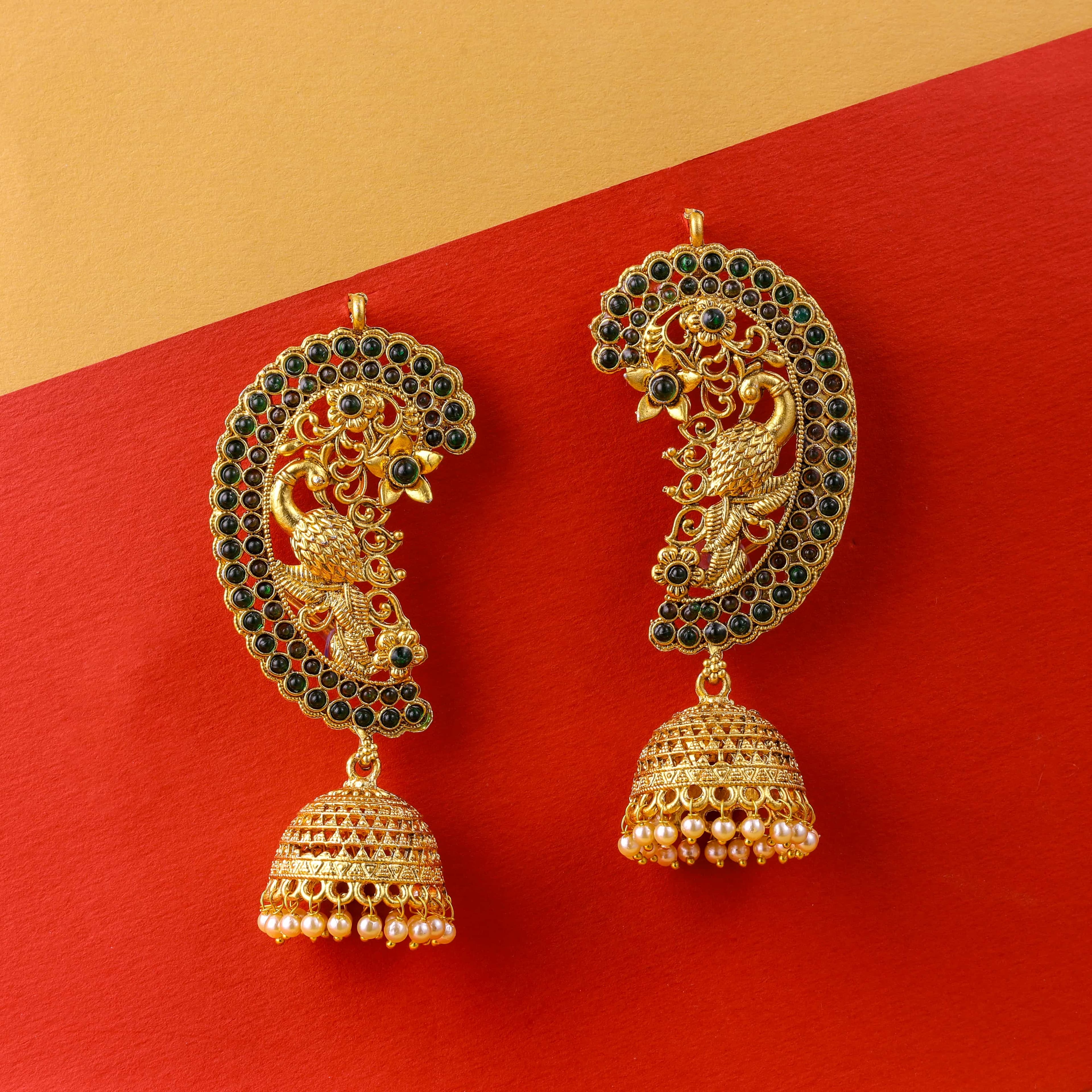 The Traditional Peacock Emerald Kalakriti emerald green Jhumkas