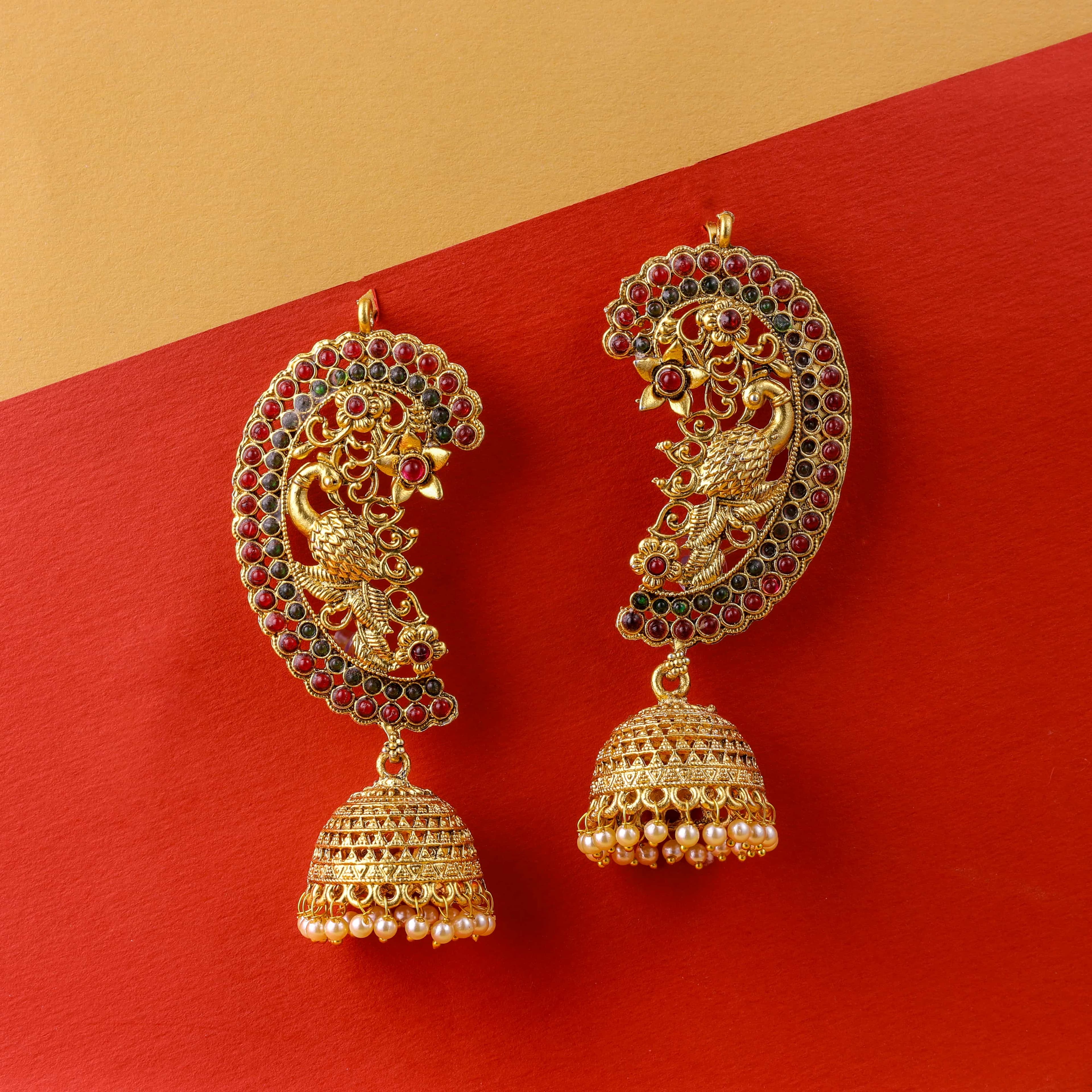 The Traditional Peacock Emerald Kalakriti red and green Jhumkas