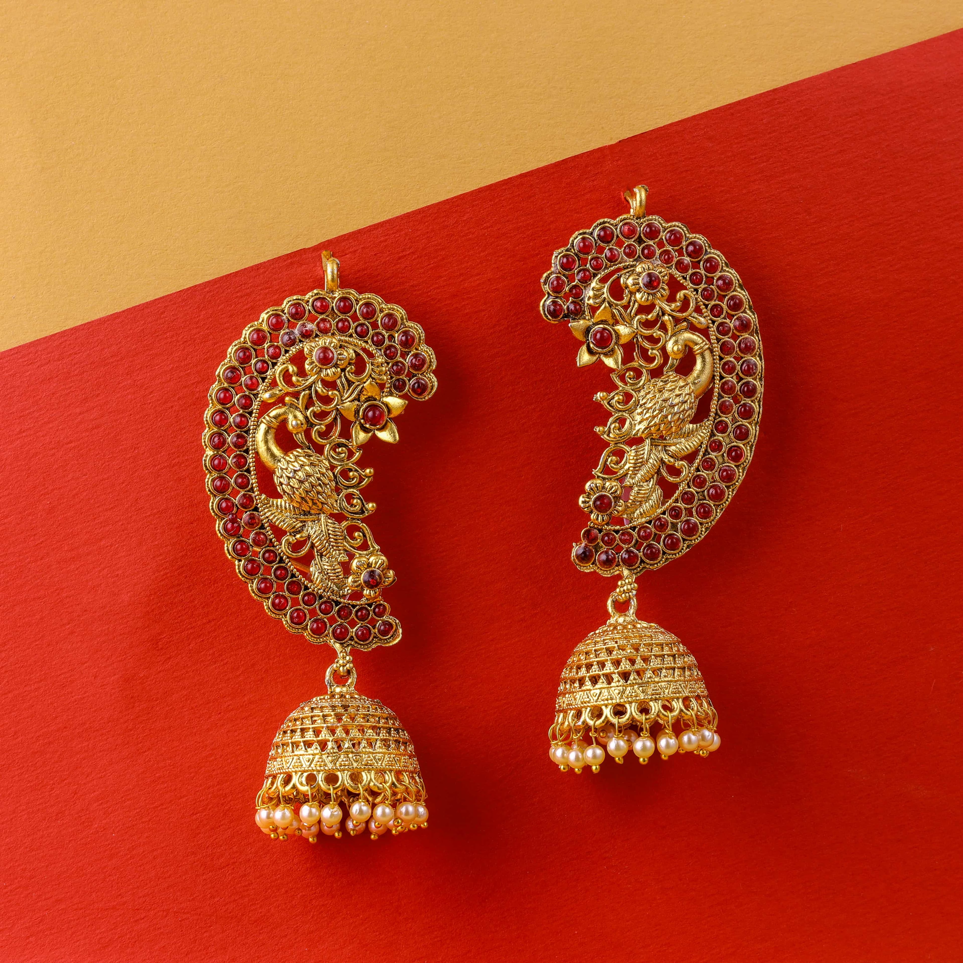 The Traditional Peacock Emerald Kalakriti red Jhumkas