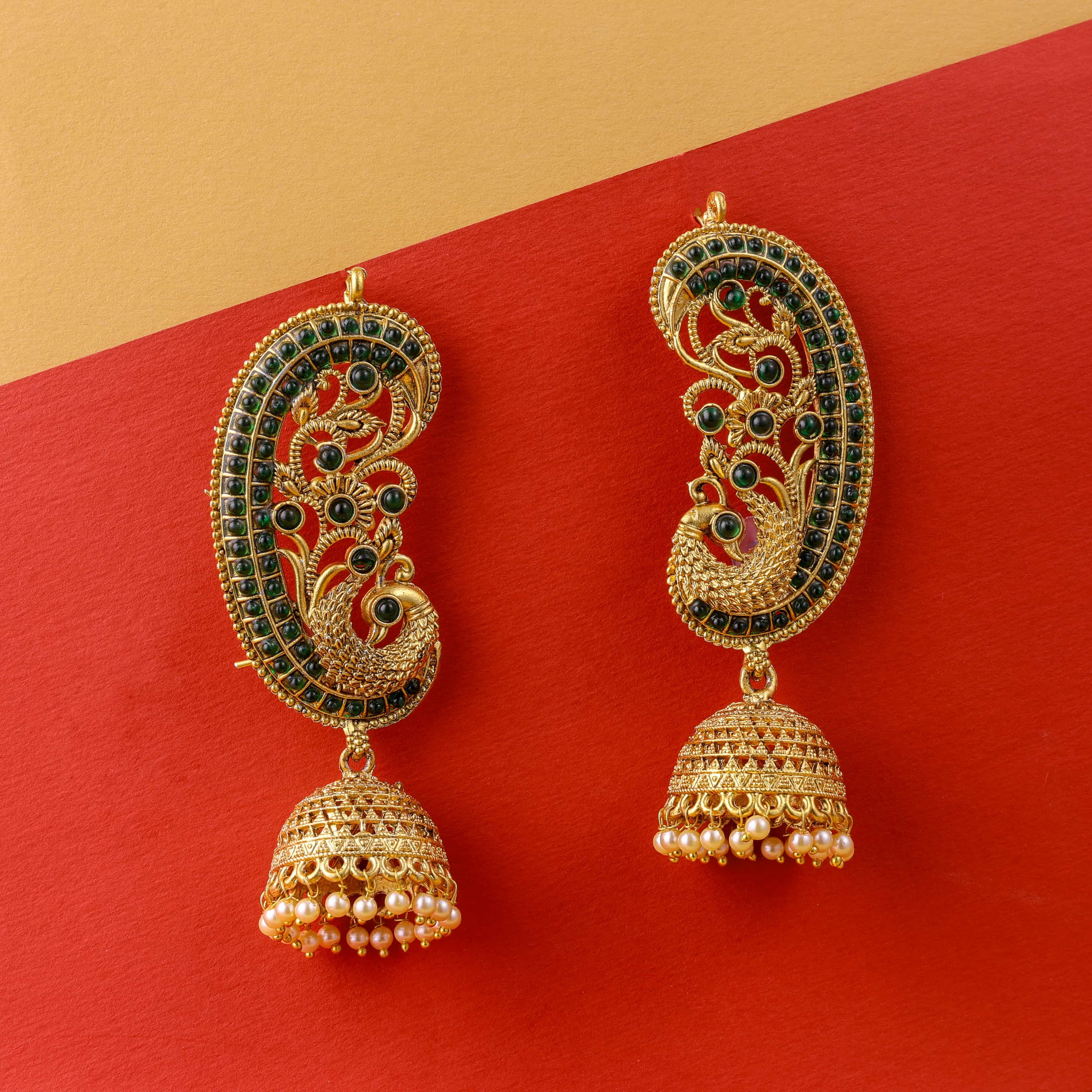 Traditional Gold earcuff jhumka green earrings