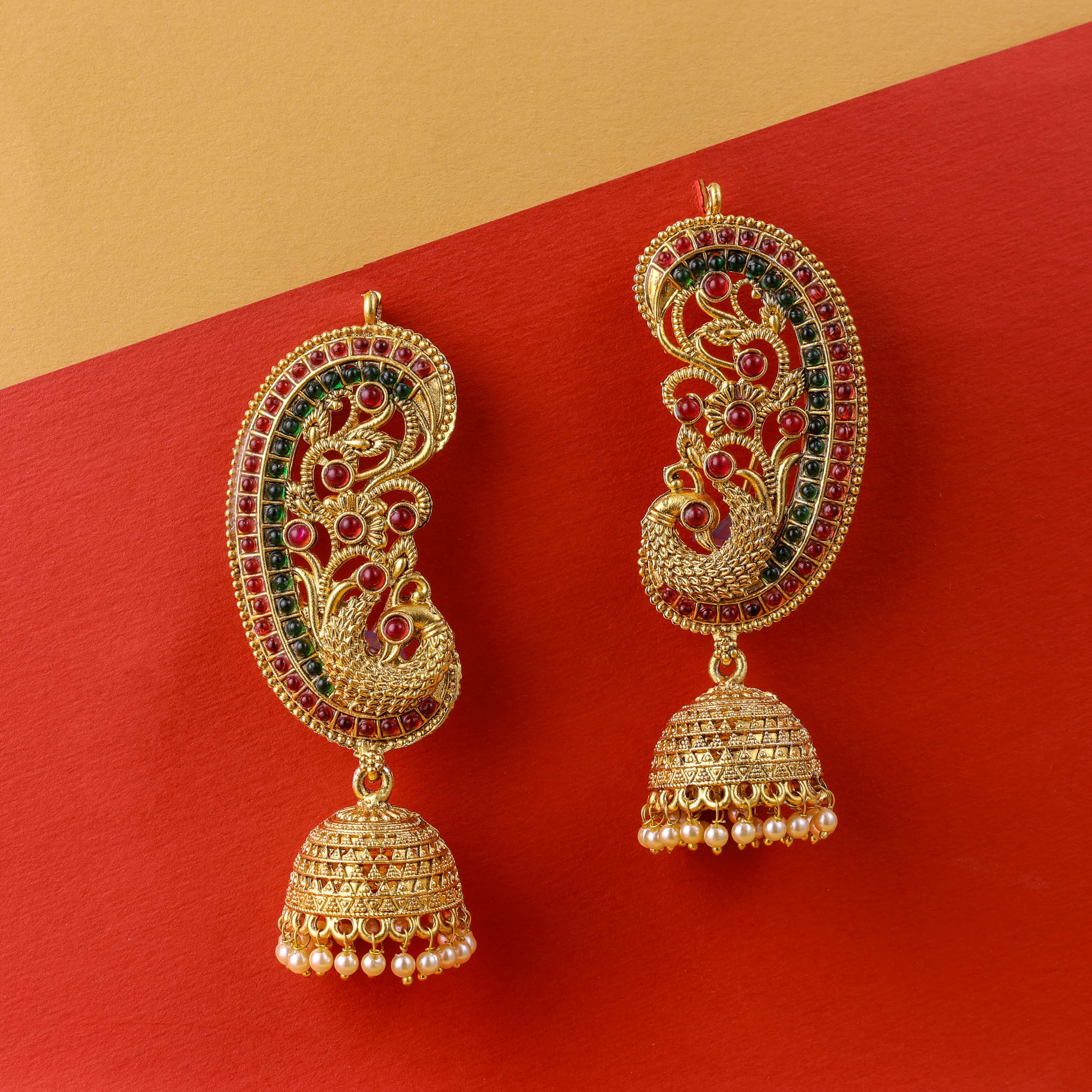 Traditional Gold earcuff jhumka multicolor earrings