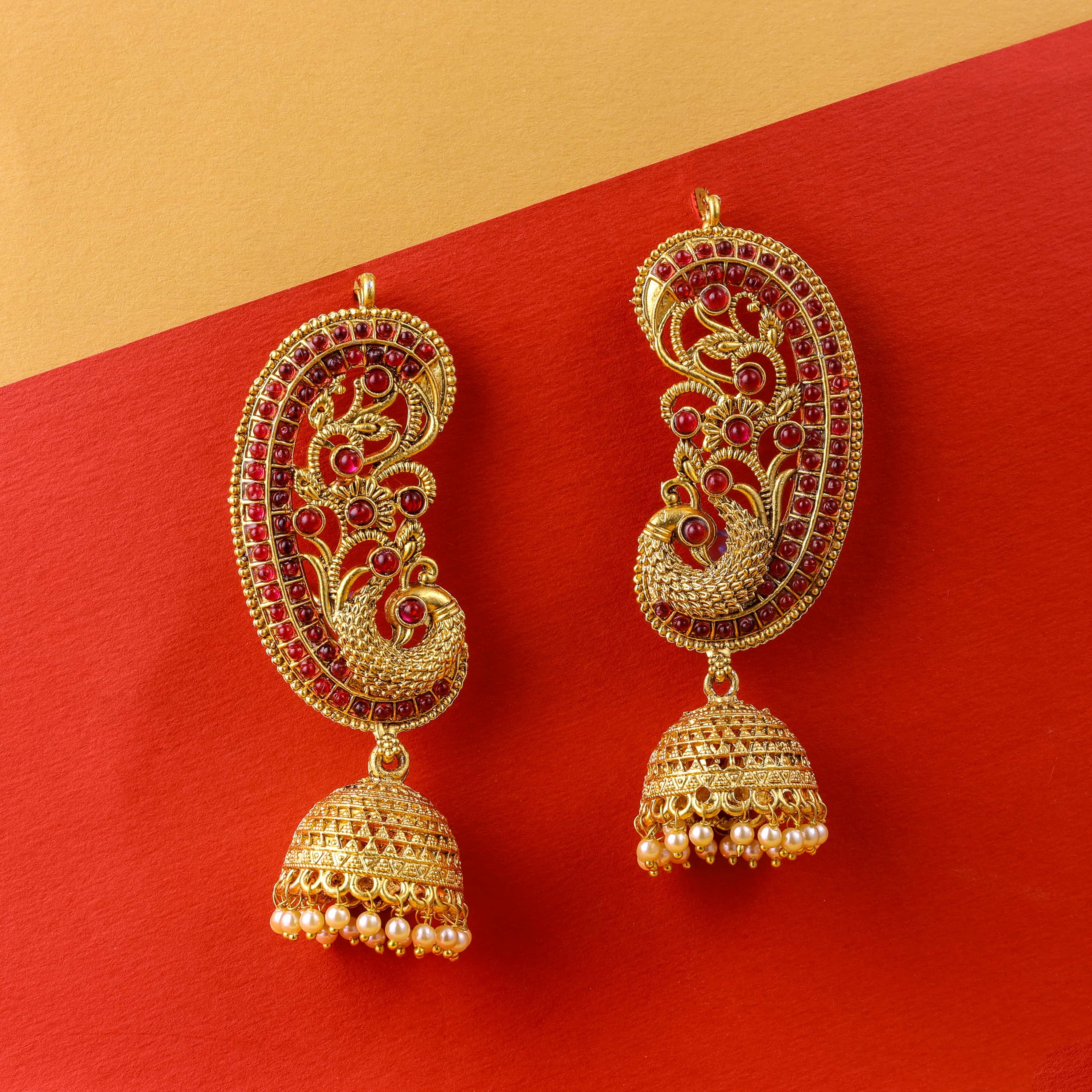 Traditional Gold earcuff jhumka red earrings