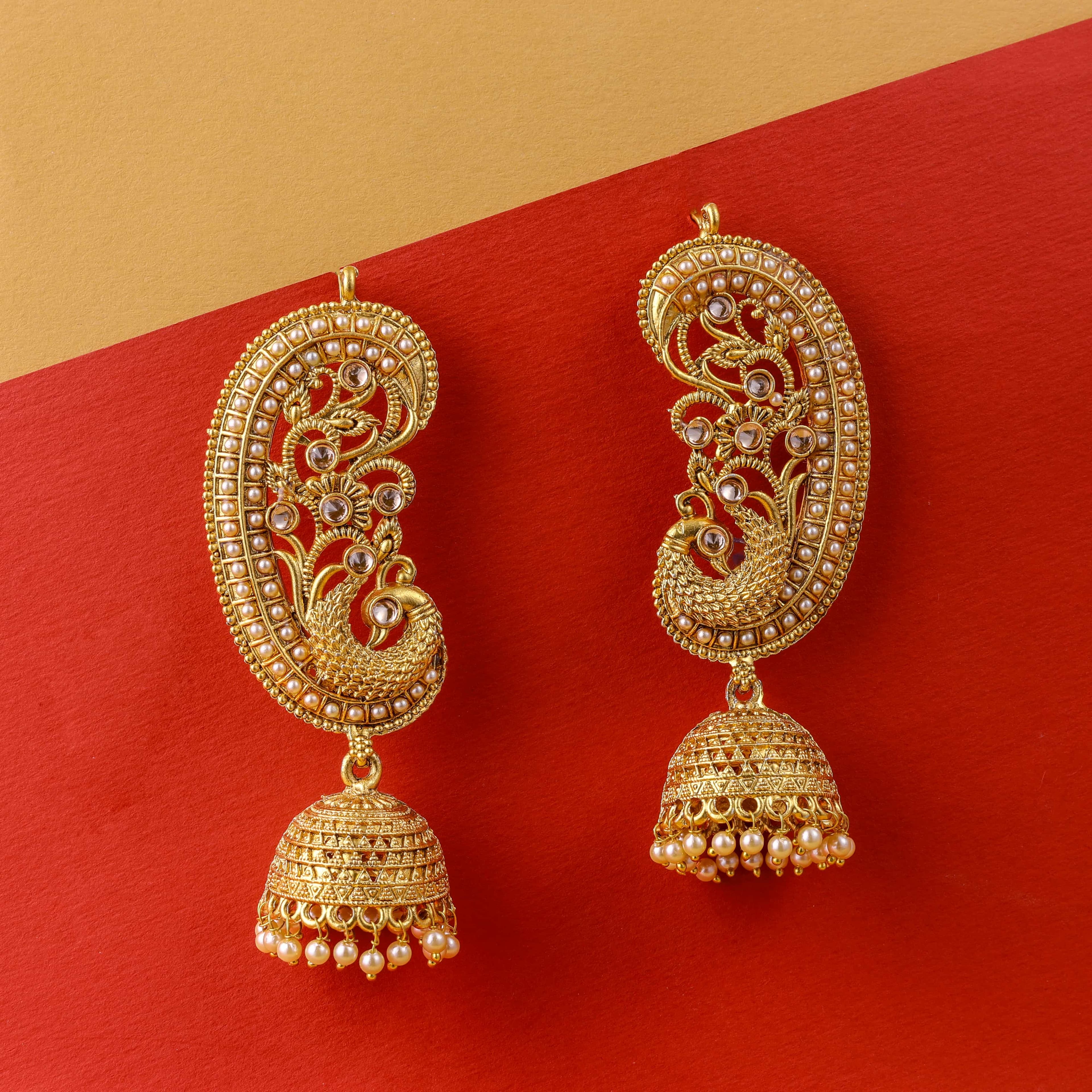 Traditional Gold earcuff jhumka White earrings
