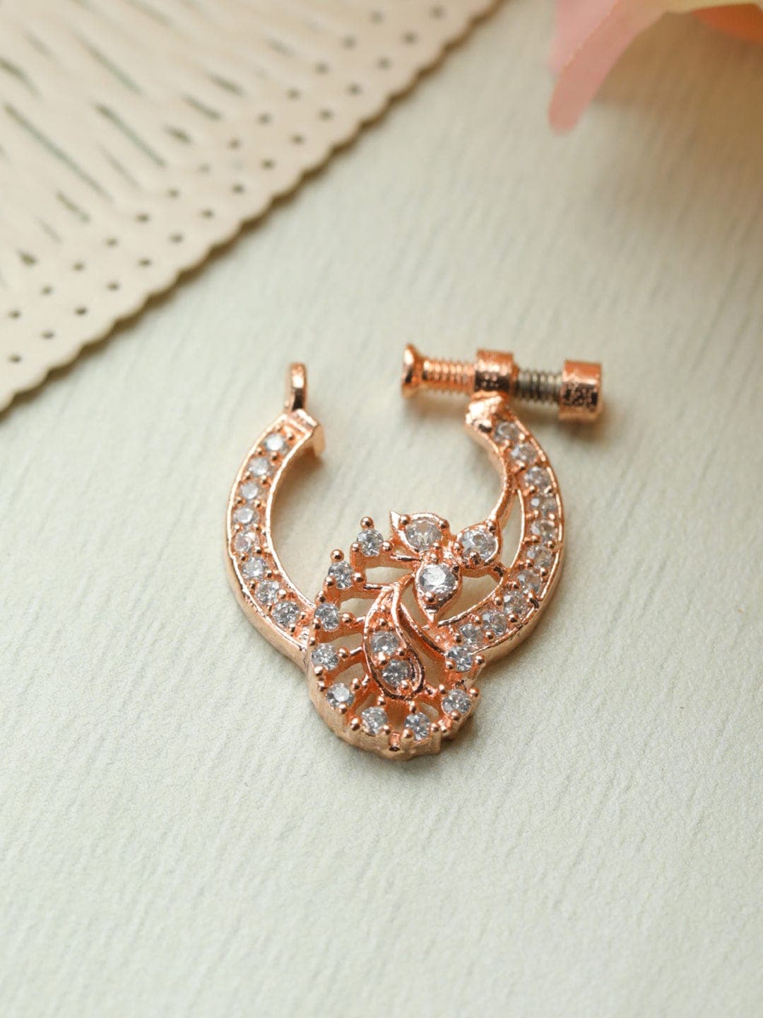 Rose Gold Floral Swirl CZ Screw Nath – Screw-Type Non Piercing Nosepin for Women