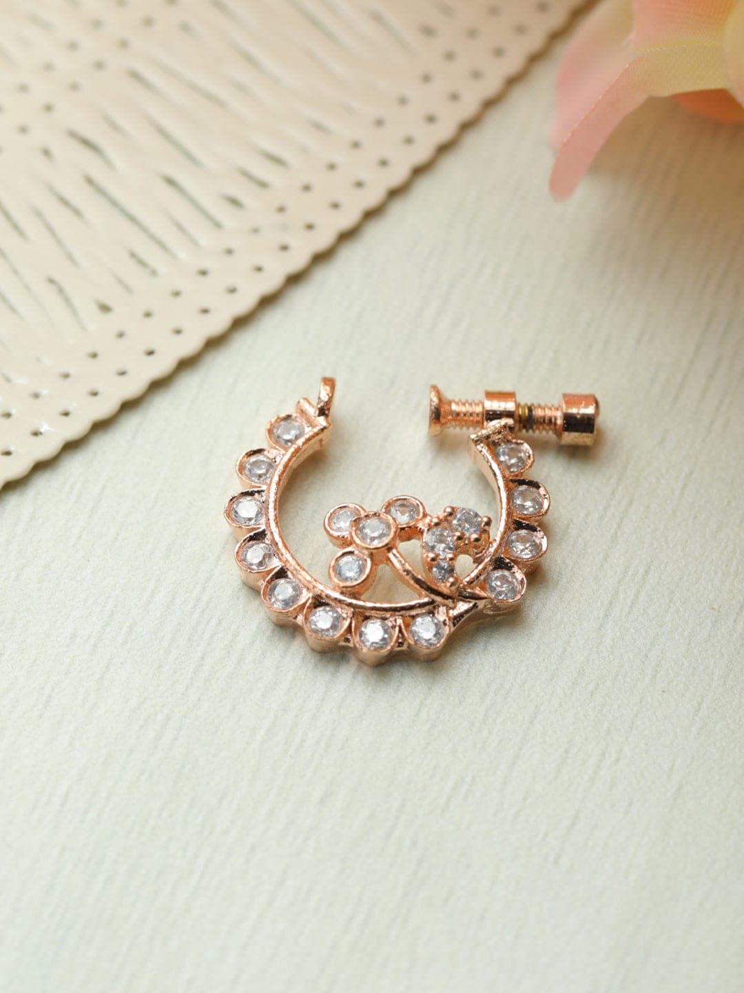 Rose Gold Layered Swirl CZ Screw Nath – Non Piercing Screw-Type Nosepin for Women