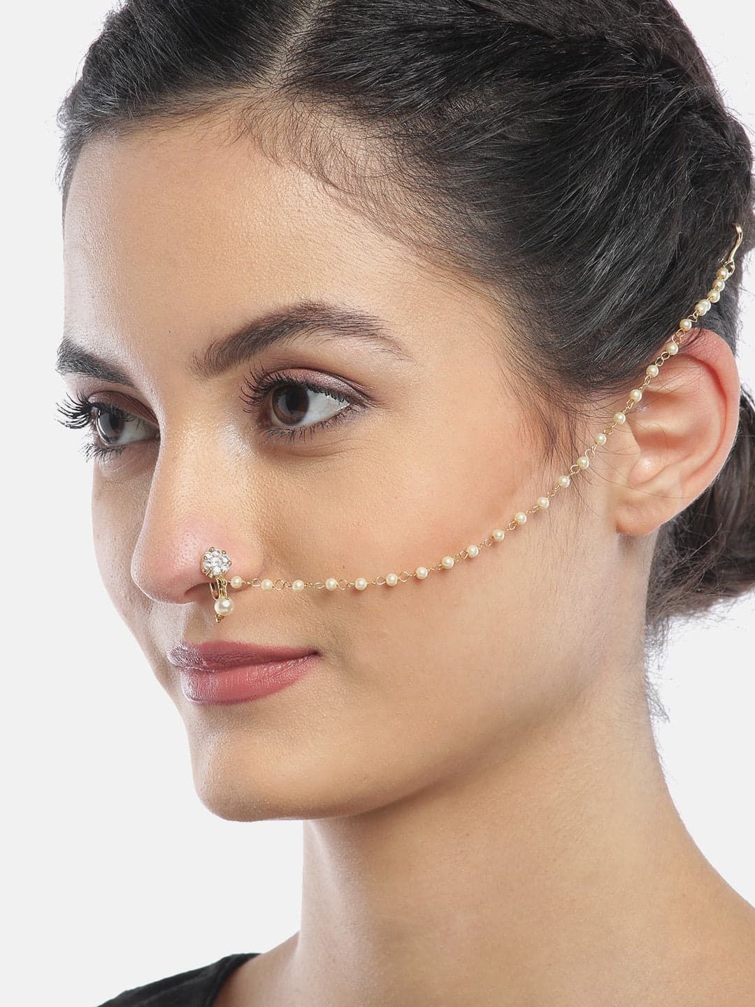 Floral CZ Bridal Nath with Pearl Chain – Non Piercing Clip-On Wedding Nose Ring for Women