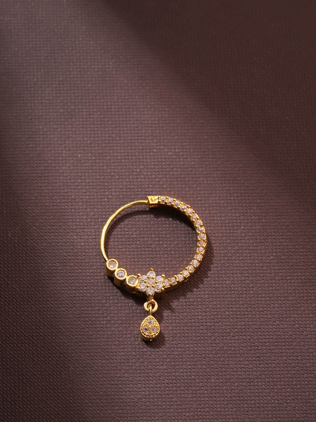 Gold Dual-Pattern Floral CZ Teardrop Nath – Pierced Nose Ring for Women