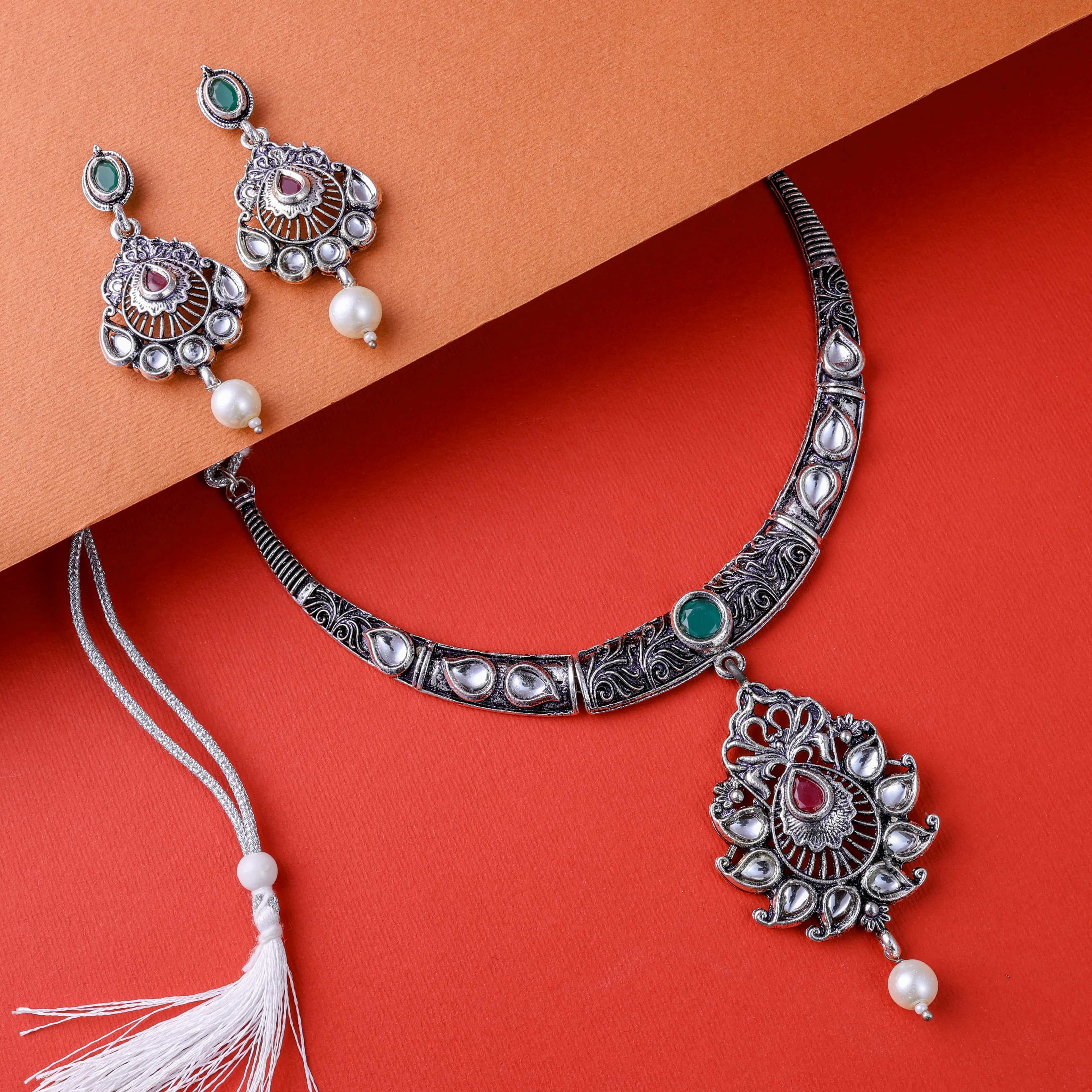 Silver Oxidised Peacock Motif Kempu Stone Choker Necklace Set with Pearl Drops for Women
