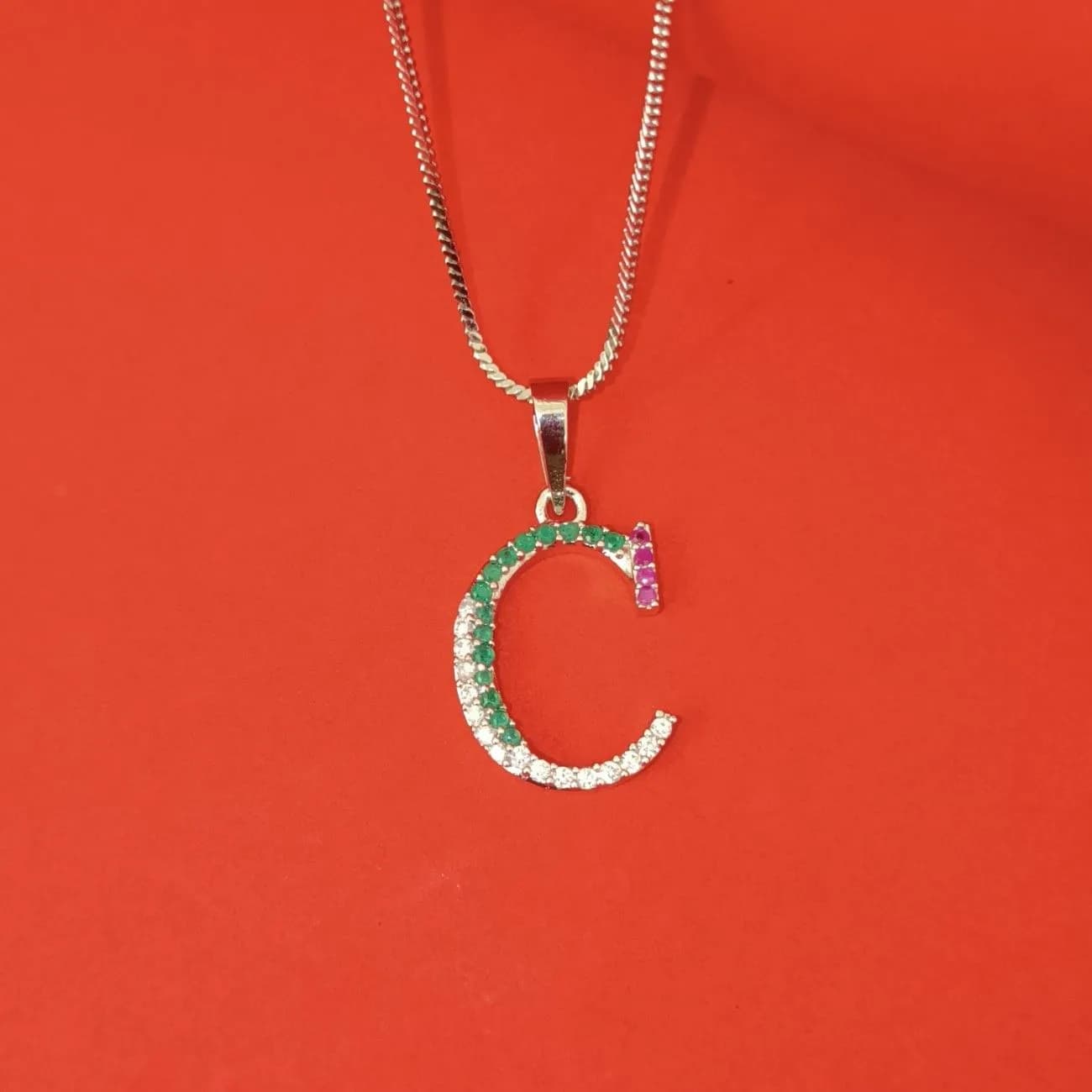 Nimoraa C Initial Silver Plated Pendant Chain with Red & Green Stones