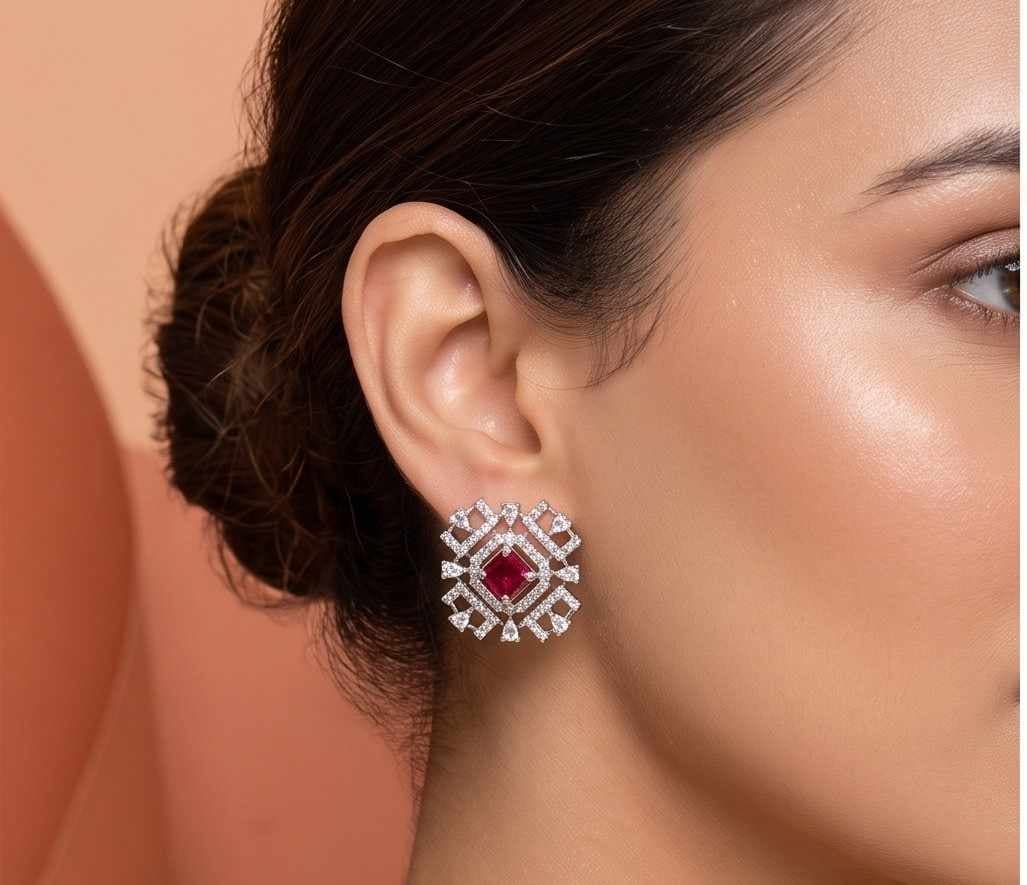 Geometric Red Glowing Square Top Earrings