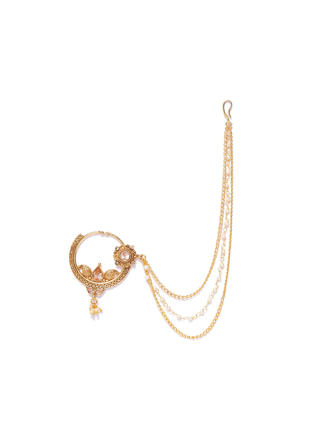 Triple Layer Pearl & Chain Bridal Nath – Gold Plated Traditional Wedding Nathni for Women