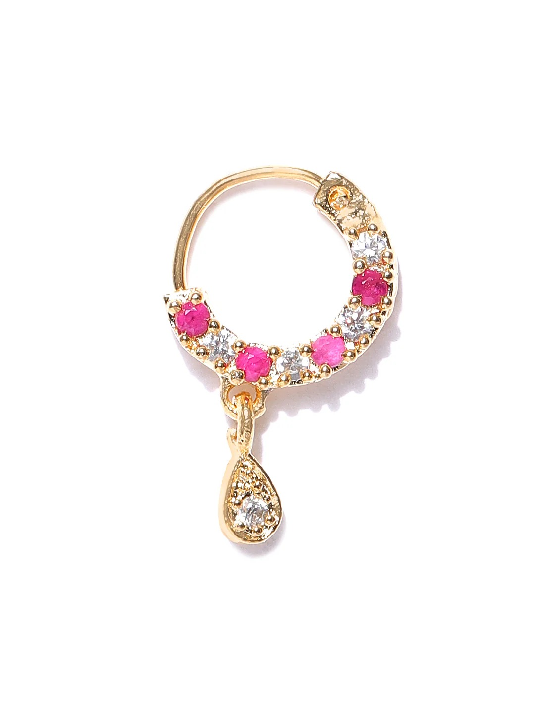 Pink & White CZ Teardrop Dangle Round Nose Ring – Gold Plated Pierced Nath for Women