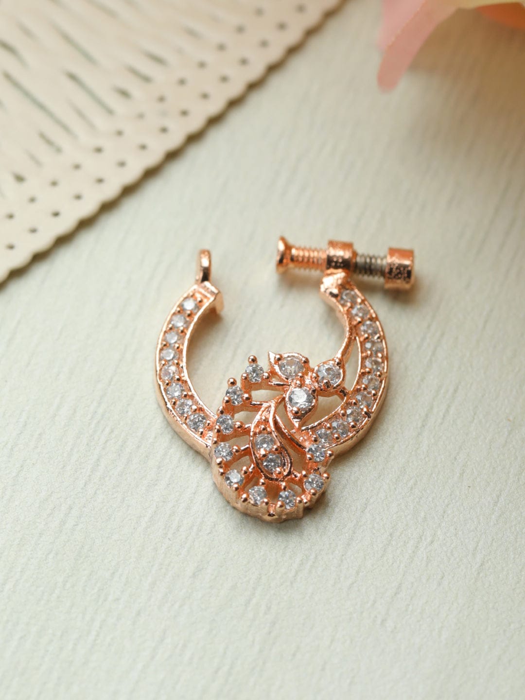 Rose Gold Floral Swirl CZ Screw Nath – Screw-Type Non Piercing Nosepin for Women