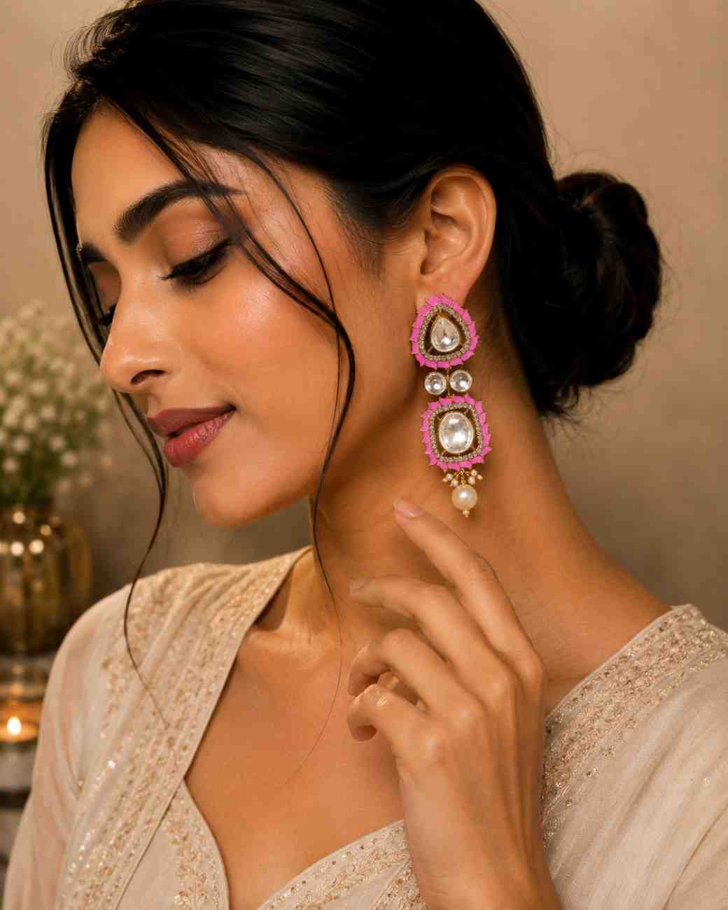 The Jashn-e-Noor Pink Drop Royal Kundan Earrings