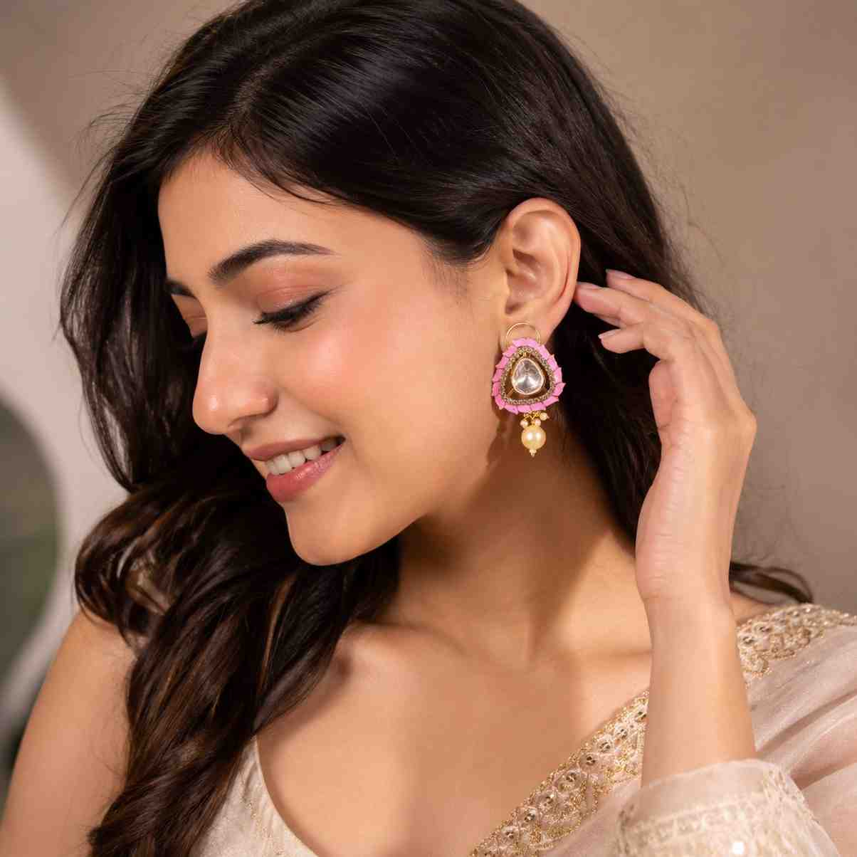 The Trikon-e-Noor Pink Drop Royal Kundan Earrings